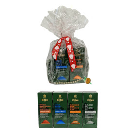 Eilles Tea Deluxe fekete tea ajándékcsomag (4 íz) celofánba csomagolva masnival és díszítéssel.