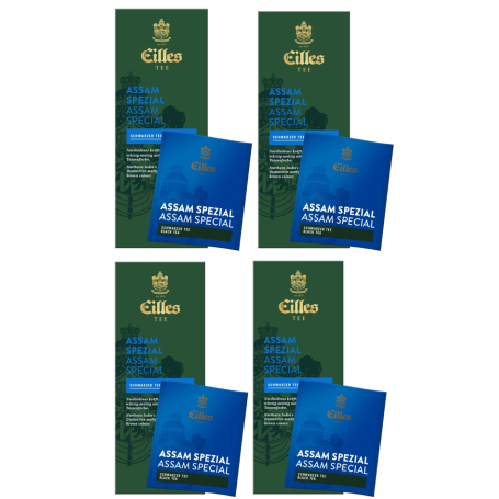 Eilles Tea Assam Special multipack, négy fekete tea csomag részlete, reggeli élénkítés.