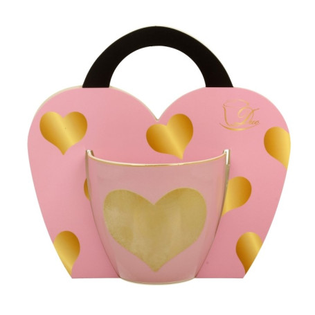 Rózsaszín Nagy Szív porcelán bögre 460 ml, pasztell rózsaszín arany szívvel, ajándékcsomagolásban.