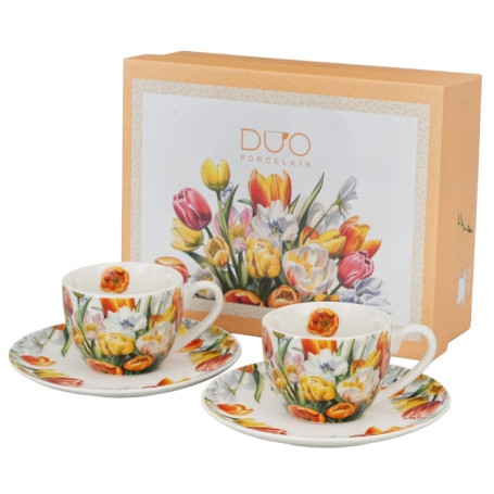 TULIPÁNOK két darabos porcelán espresso csésze készlet aljjal, díszes ajándékdobozban